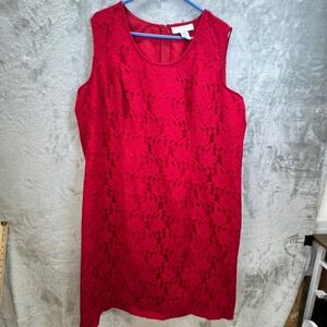 Allison Woods Red Floral Lace Sleeveless Shift Dress 22W Wedding Guest Romantic